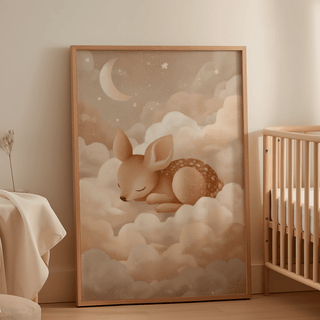 Sleeping Deer wall art leaning on a nursery wall beside a wooden crib with peach and cream tones