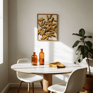 Penne Art print on a dining room wall above a round table with white chairs and amber glass bottles