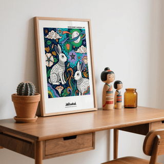 Print leaning on a wooden desk depicting moon rabbits and stars in bright folk-art colours with a cactus and dolls nearby