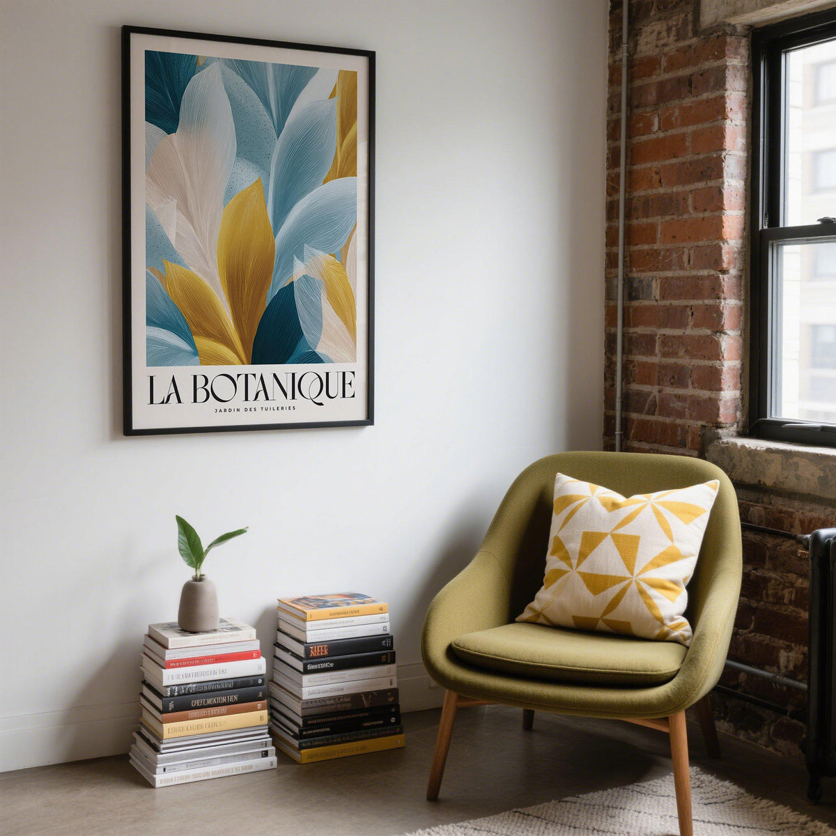 Wall Art Blue and Gold with abstract botanical leaves in blue and gold tones above a small vase on stacked books