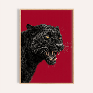 Wildlife wall art of a snarling black panther head on a red background