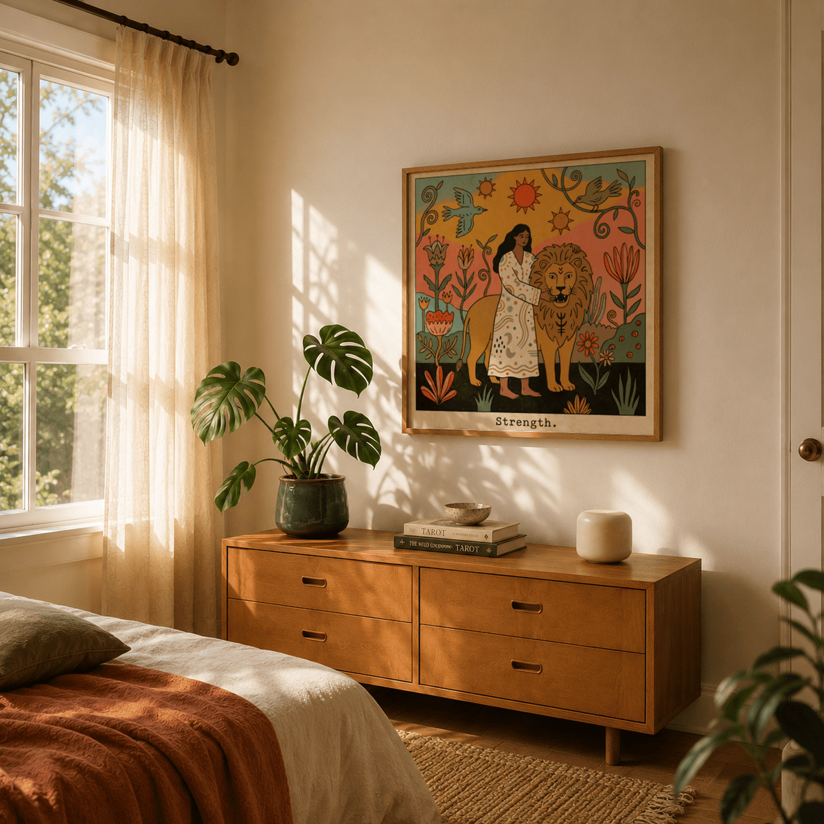 Strength Tarot Card Art print on wall above mid century wooden chest with plant in a bedroom