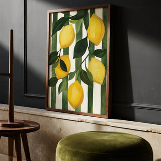 Bright Lemon Painting showing citrus fruit hanging from leafy branches.