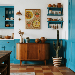 Taco Wall Art with a taco and corn dish illustration in natural colours in a kitchen above a wooden sideboard