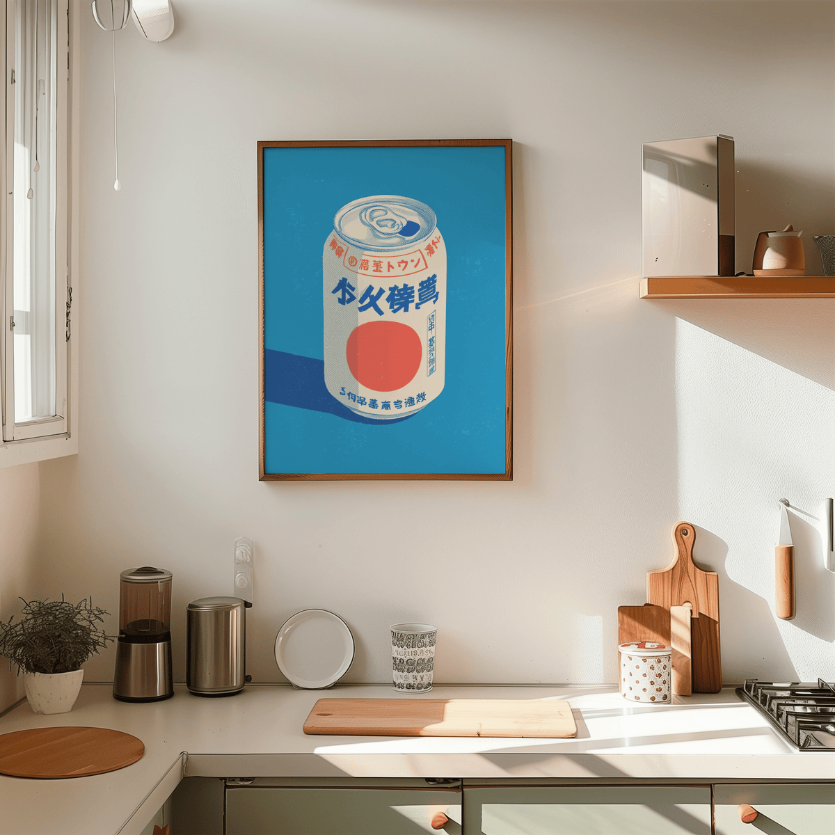 Japanese Soda Print on a kitchen wall with warm sunlight and wooden cutting boards nearby