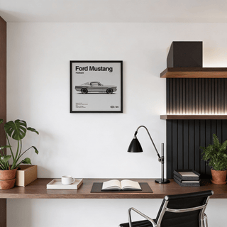 Classic American Muscle Car Poster on wall above wooden desk with plants and black desk lamp