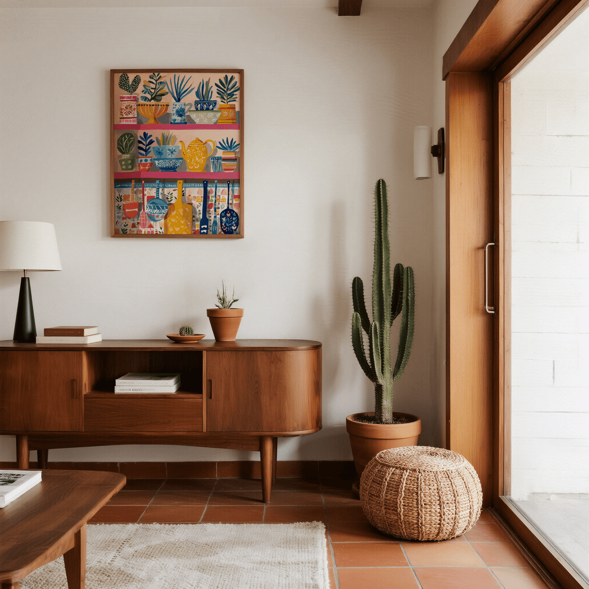 Boho Kitchen Print hanging above a mid-century sideboard with books and plants in a bright room