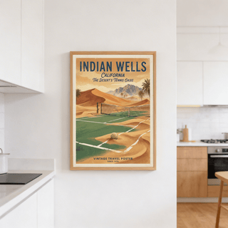 Vintage Tennis Poster of a desert tennis court with sand dunes and mountains in a kitchen