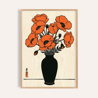 Framed floral wall art poster featuring a minimalist Japanese-ink style red poppy bouquet