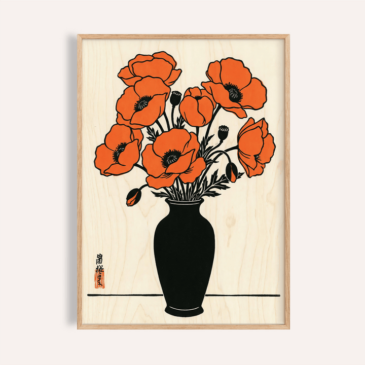Framed floral wall art poster featuring a minimalist Japanese-ink style red poppy bouquet