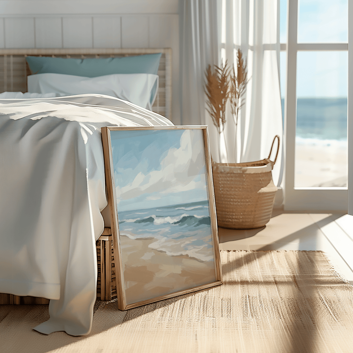 Seascape poster leaning on the floor by a bed with white bedding and wicker basket near a sunny window