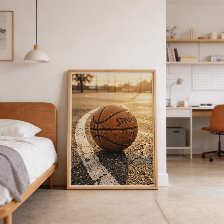 Basketball Court wall art leaning against a wall beside a bed with a wooden headboard in a bedroom