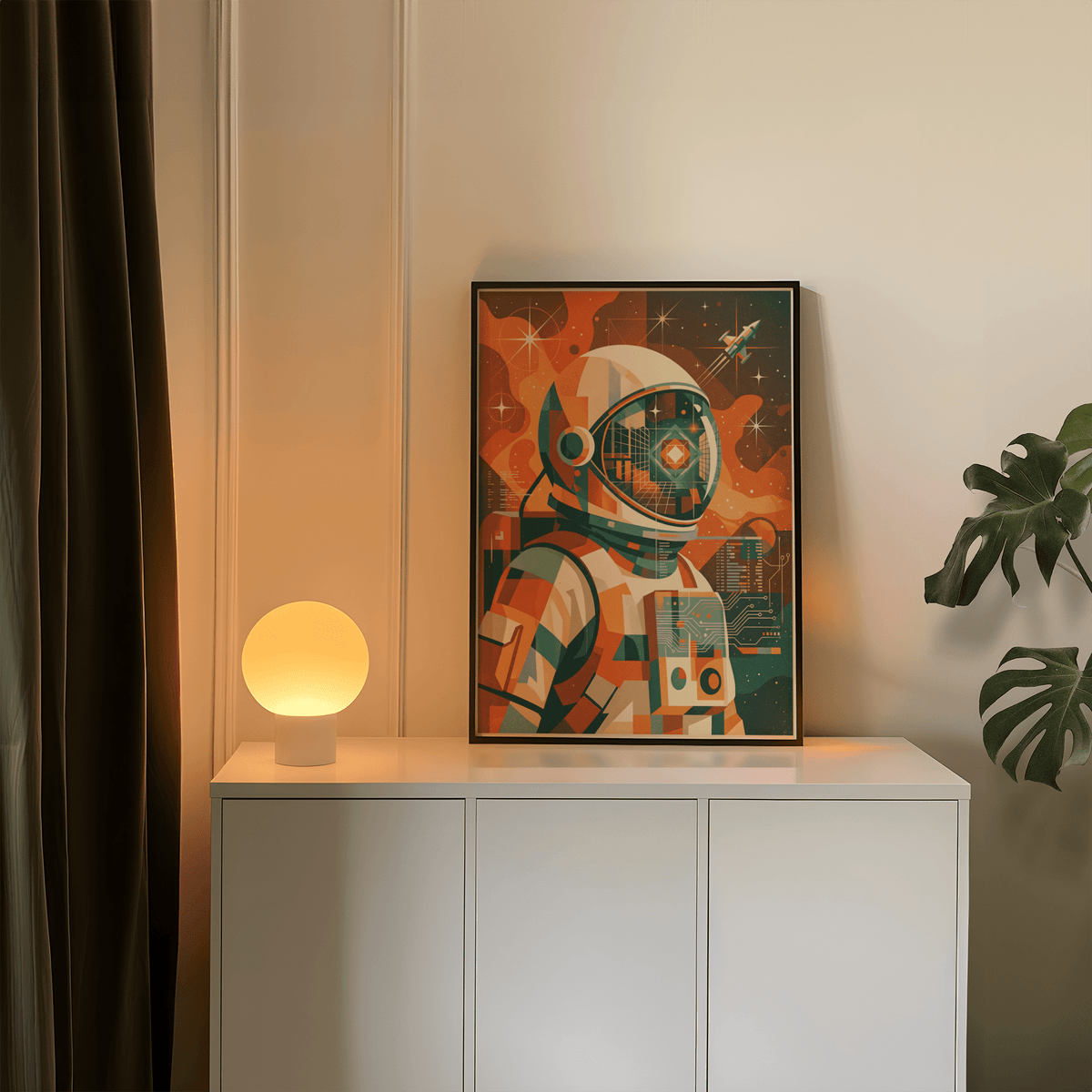 Retro Astronaut Poster print leaning on a white cabinet with a glowing spherical lamp in a neutral room