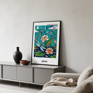 Print leaning on a shelf showing dragonfly lotus art print with blue and green colours and nearby pottery