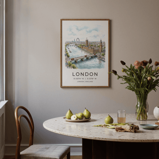 London Cityscape Print watercolour illustration above a dining table with green pears and flowers in a vase