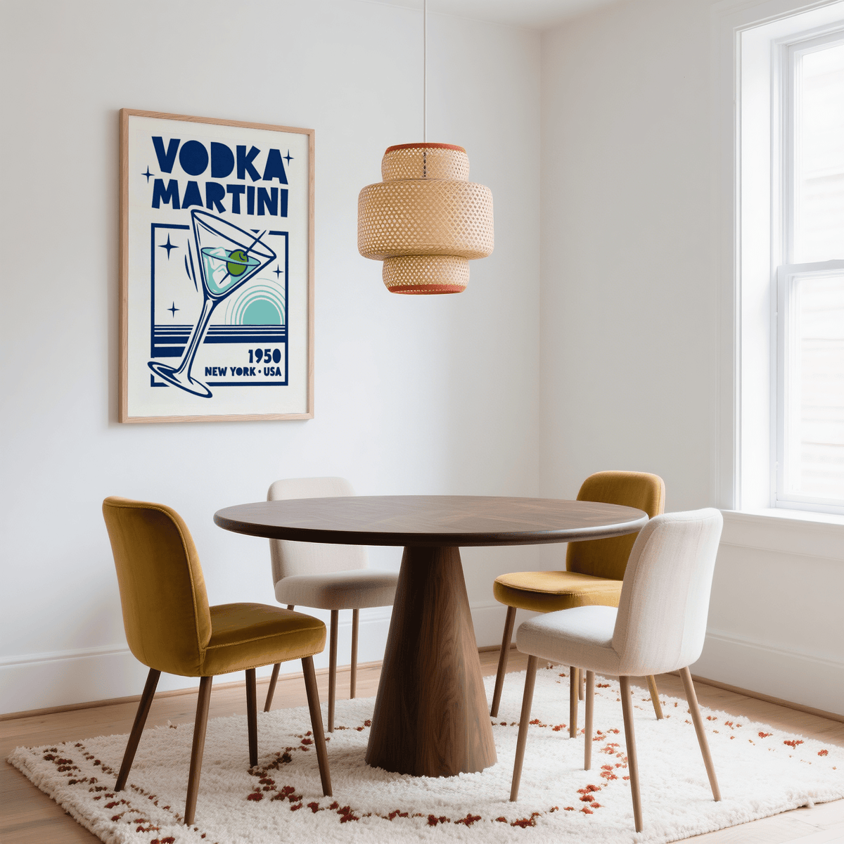 Vodka Martini Poster on a white wall above a round wooden dining table with mustard and cream chairs