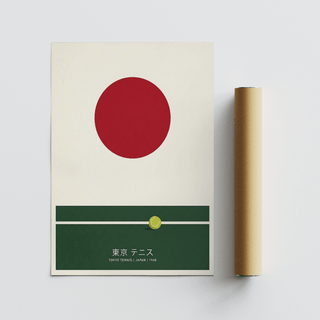 Tokyo Tennis Classic print with red circle and tennis ball beside a brown packaging tube on a white surface