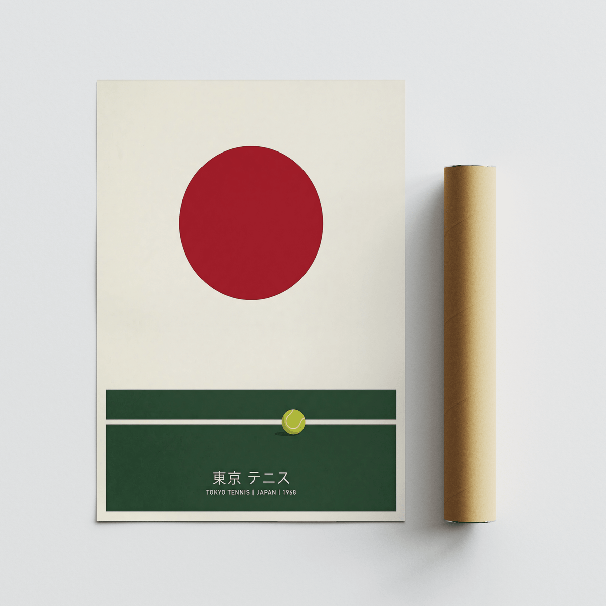 Tokyo Tennis Classic print with red circle and tennis ball beside a brown packaging tube on a white surface