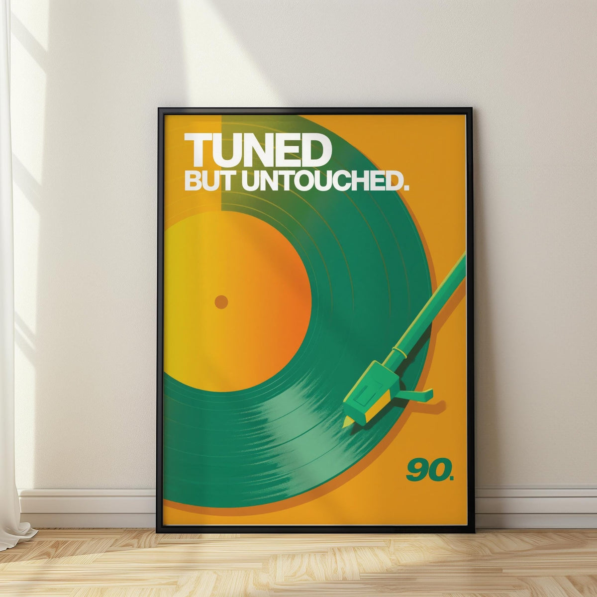 Vinyl Record Art Print with green and orange minimalist illustration leaning on a wooden floor