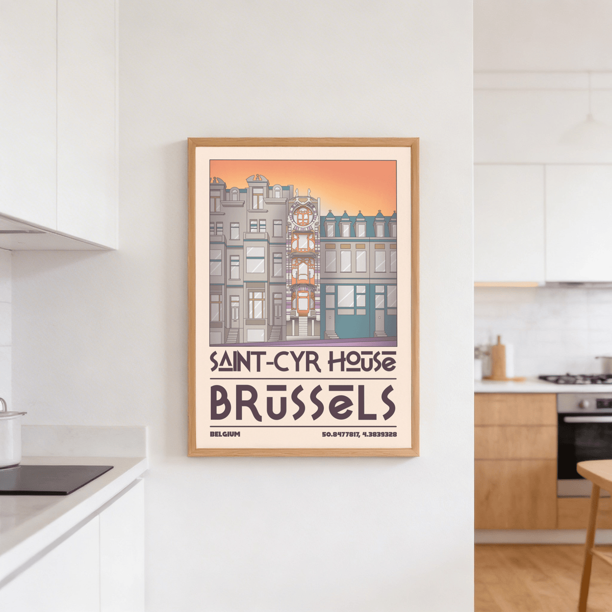 Saint Cyr House poster on a white wall in a kitchen with sunset colours and modern illustration style