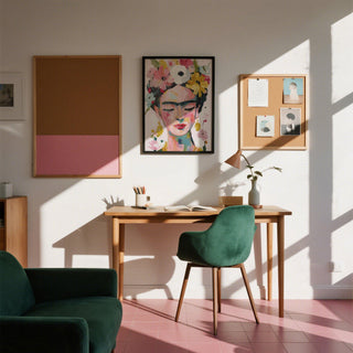 Print on a wall of Frida Kahlo painted with pink, yellow and white flowers above a desk