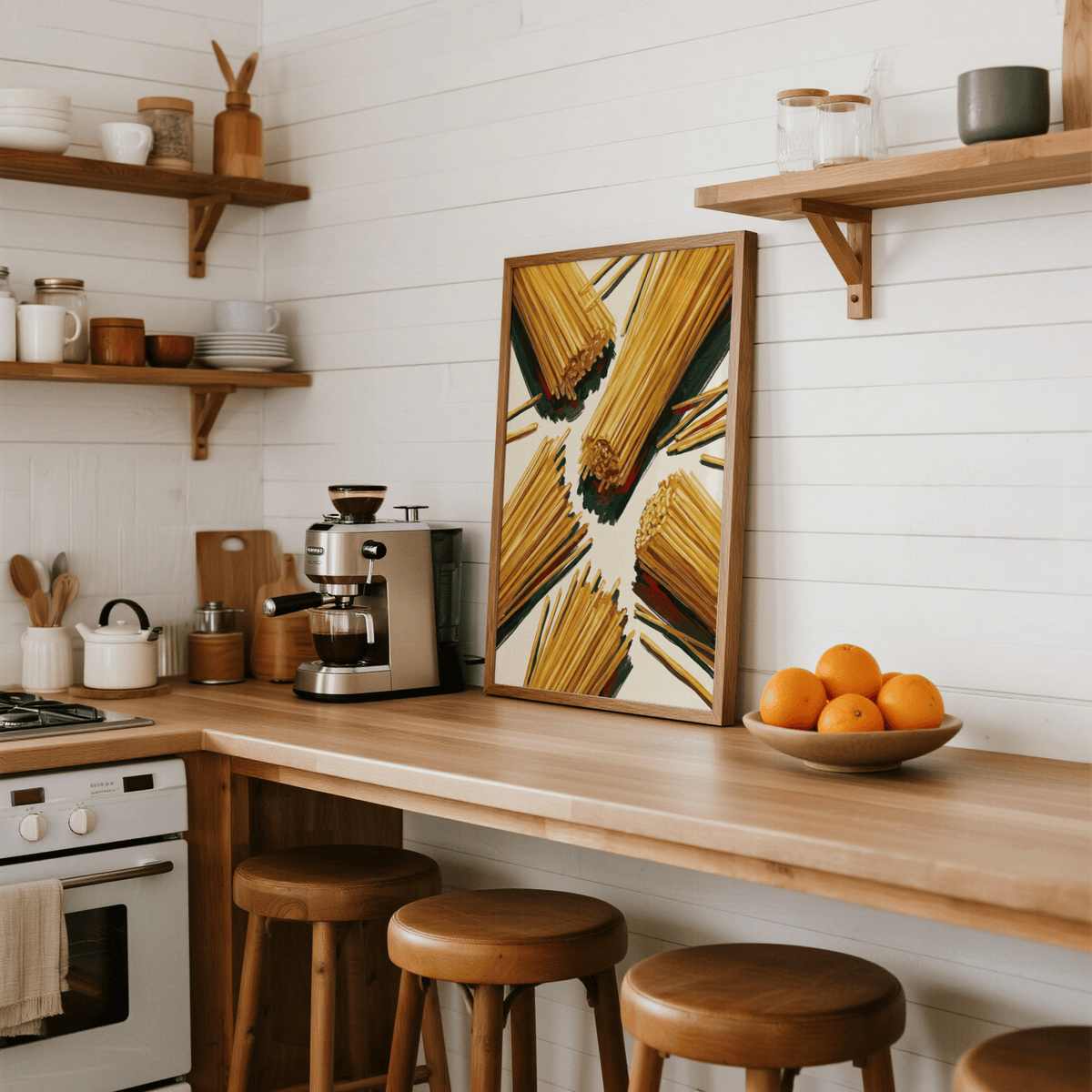 Spaghetti wall art leaning on a kitchen counter with wooden stools and a bowl of oranges
