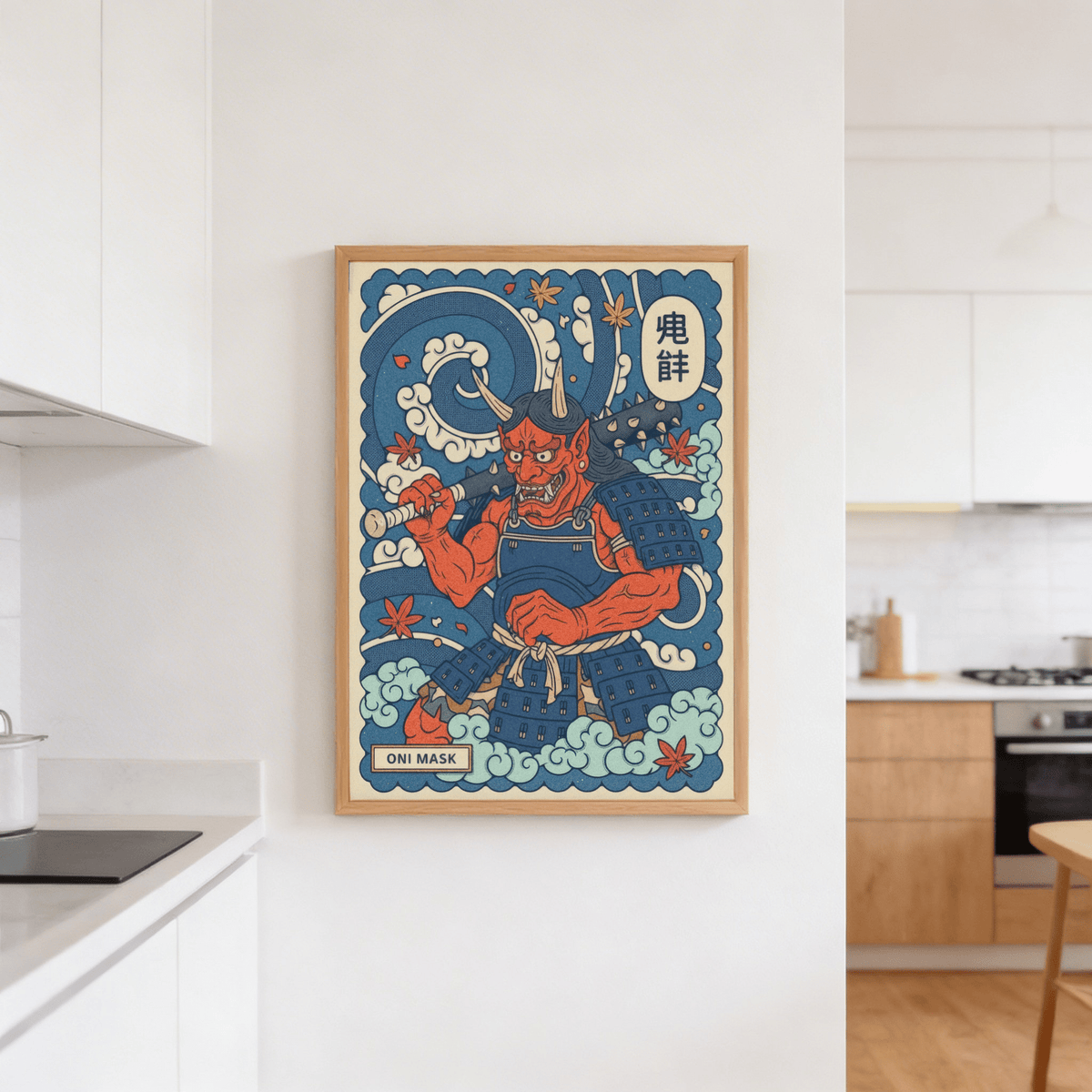 Print of Japanese Oni Mask with red demon and blue armour on a kitchen wall above a wooden bench