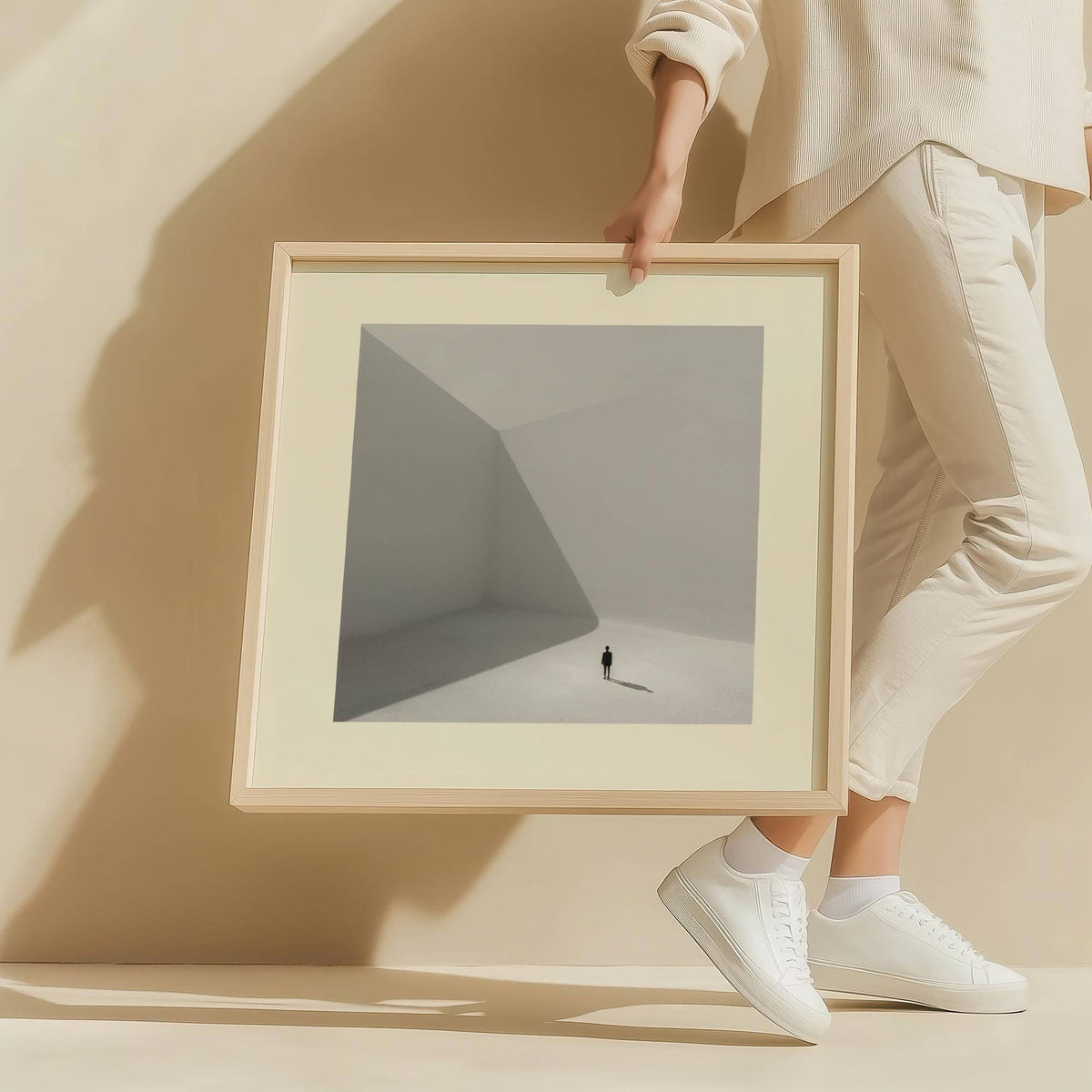 Square Art Prints held by person wearing white in soft beige light
