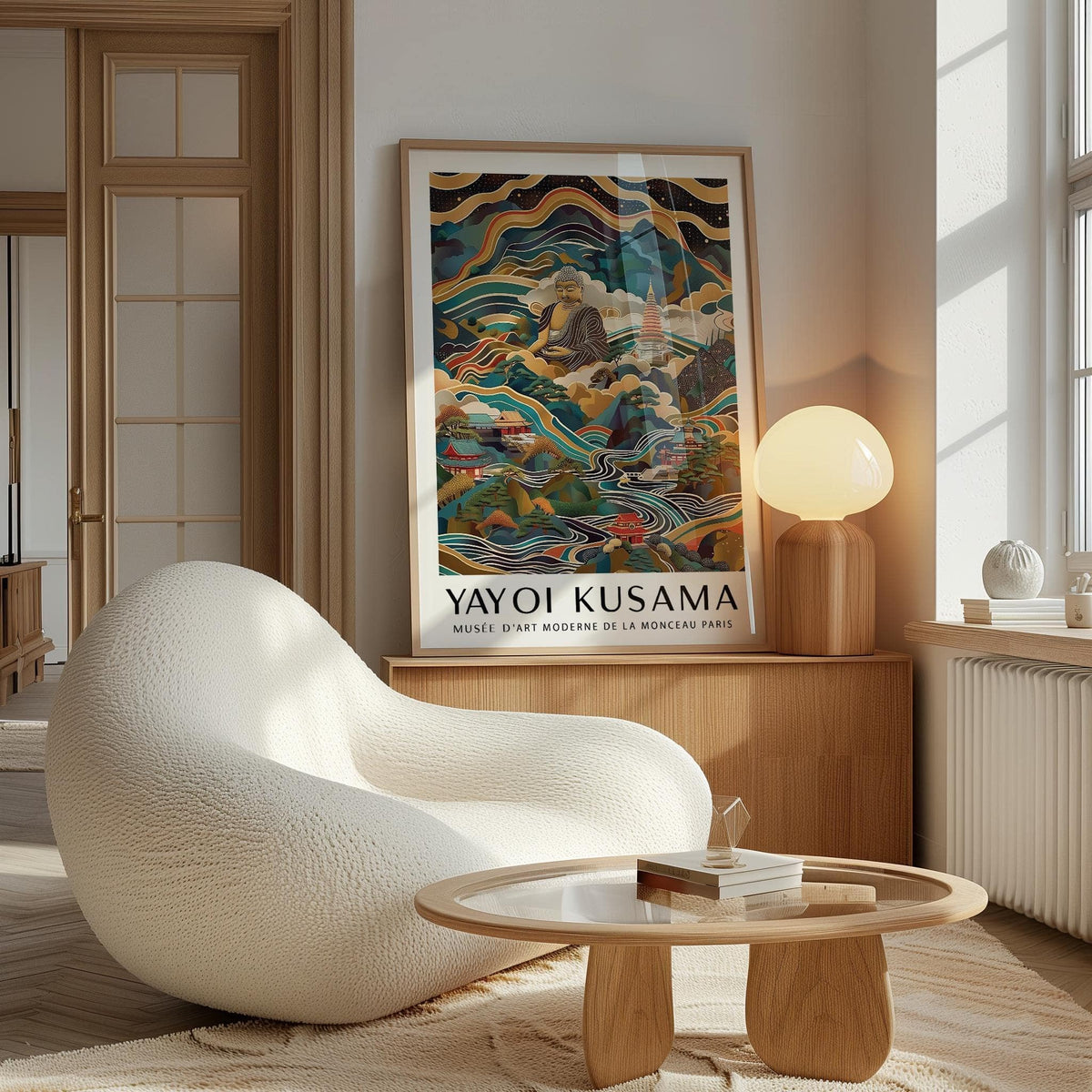 Buddha Poster print leaning on a wooden cabinet with a lamp and natural light in a contemporary living room