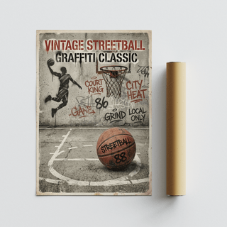 Graffiti Basketball Poster laid flat alongside a brown packaging tube showing street art style and vintage colours