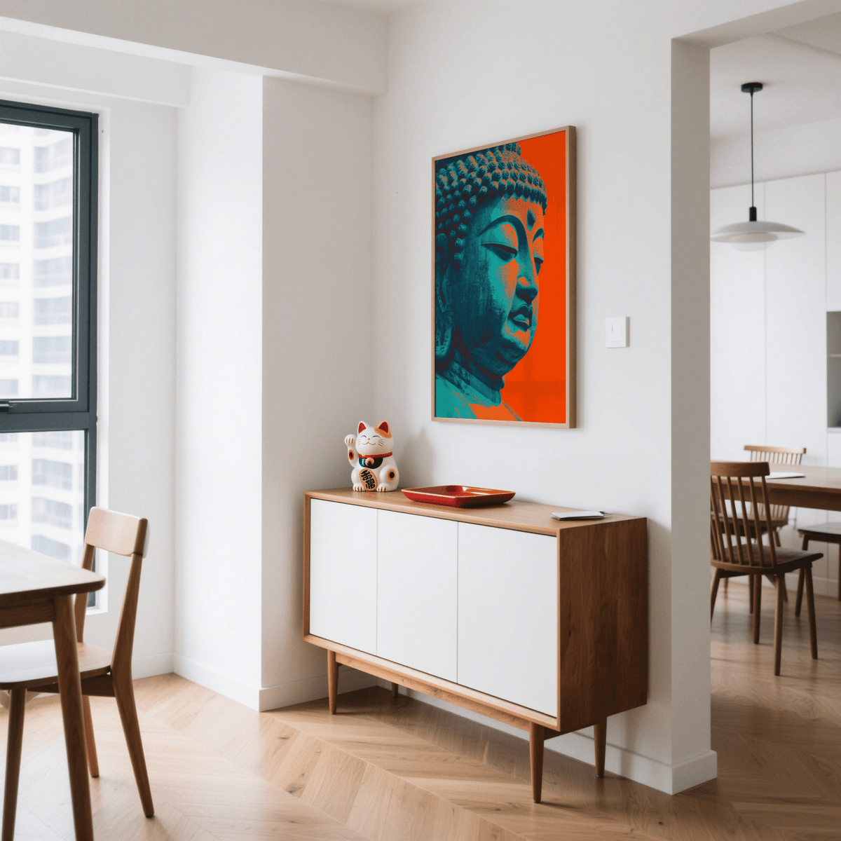 Buddha wall art with turquoise and orange minimalist statue head above a sideboard in a dining area