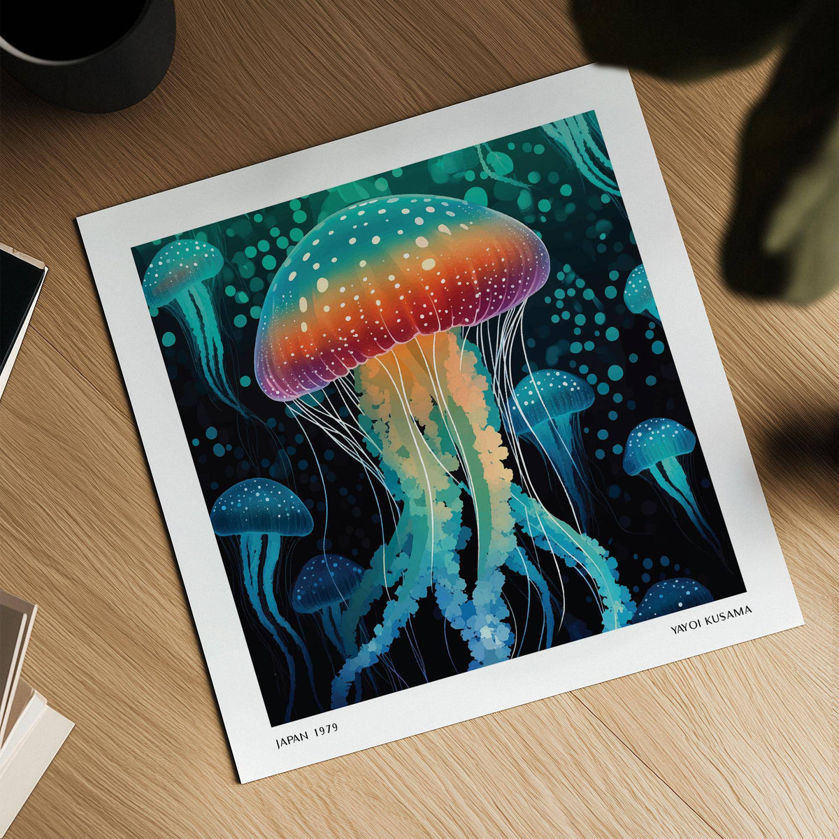 Art Unique Wall print of a rainbow jellyfish illustration with teal and orange hues on a wooden desk with a plant nearby