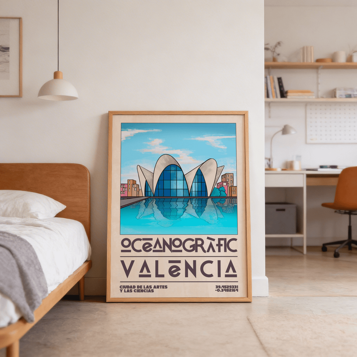 Valencia Oceanographic Art Print leaning on bedroom floor with a bedside and lamp nearby
