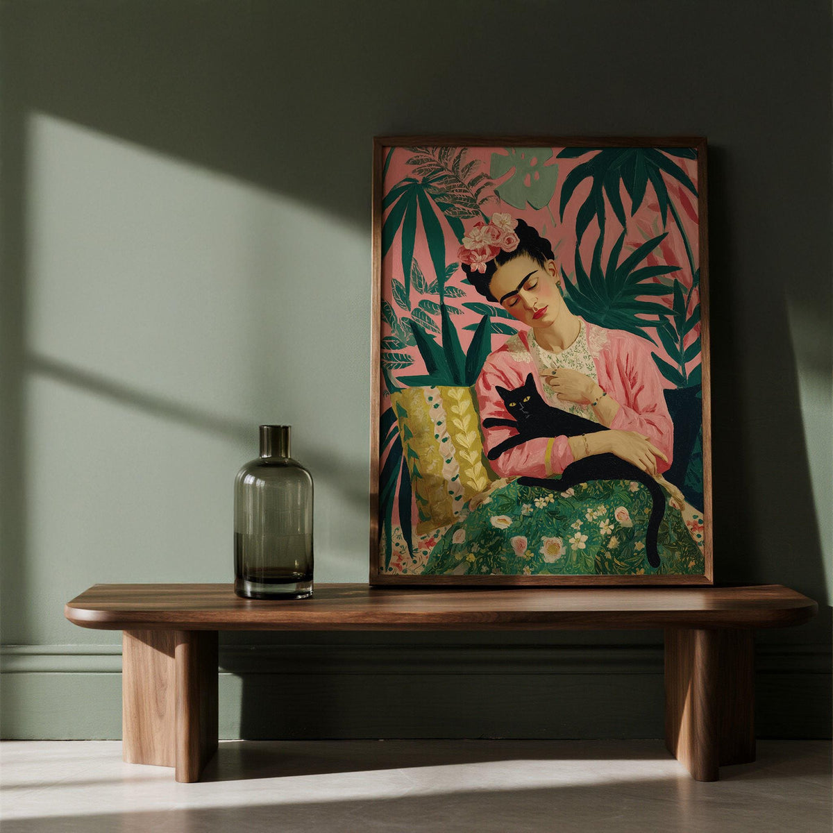 Peaceful Frida Kahlo painting in garden setting with pink wall and green leaves.