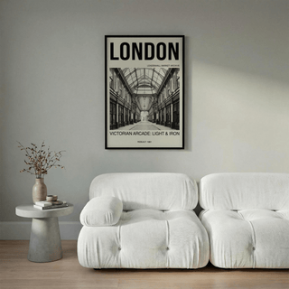 Victorian London art print photographic interior with black text in a living room above a white sofa and side table