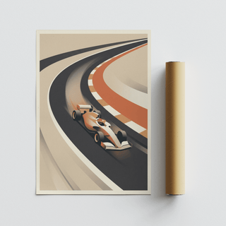 Vintage Motorsport Poster minimal retro formula race car illustration alongside a packaging tube