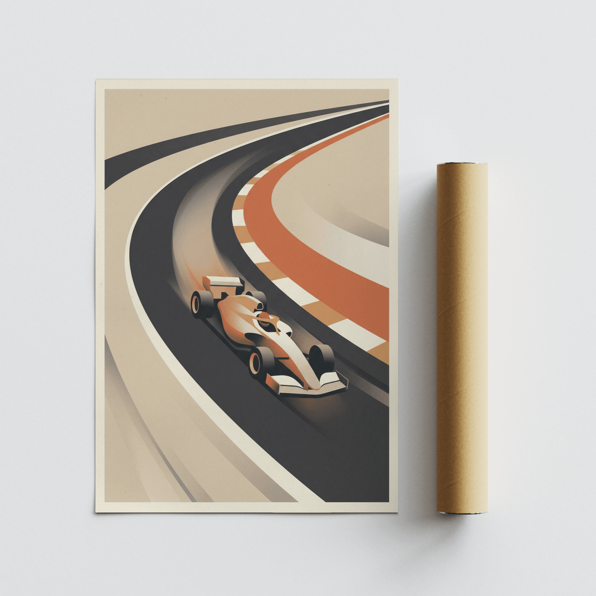 Vintage Motorsport Poster minimal retro formula race car illustration alongside a packaging tube