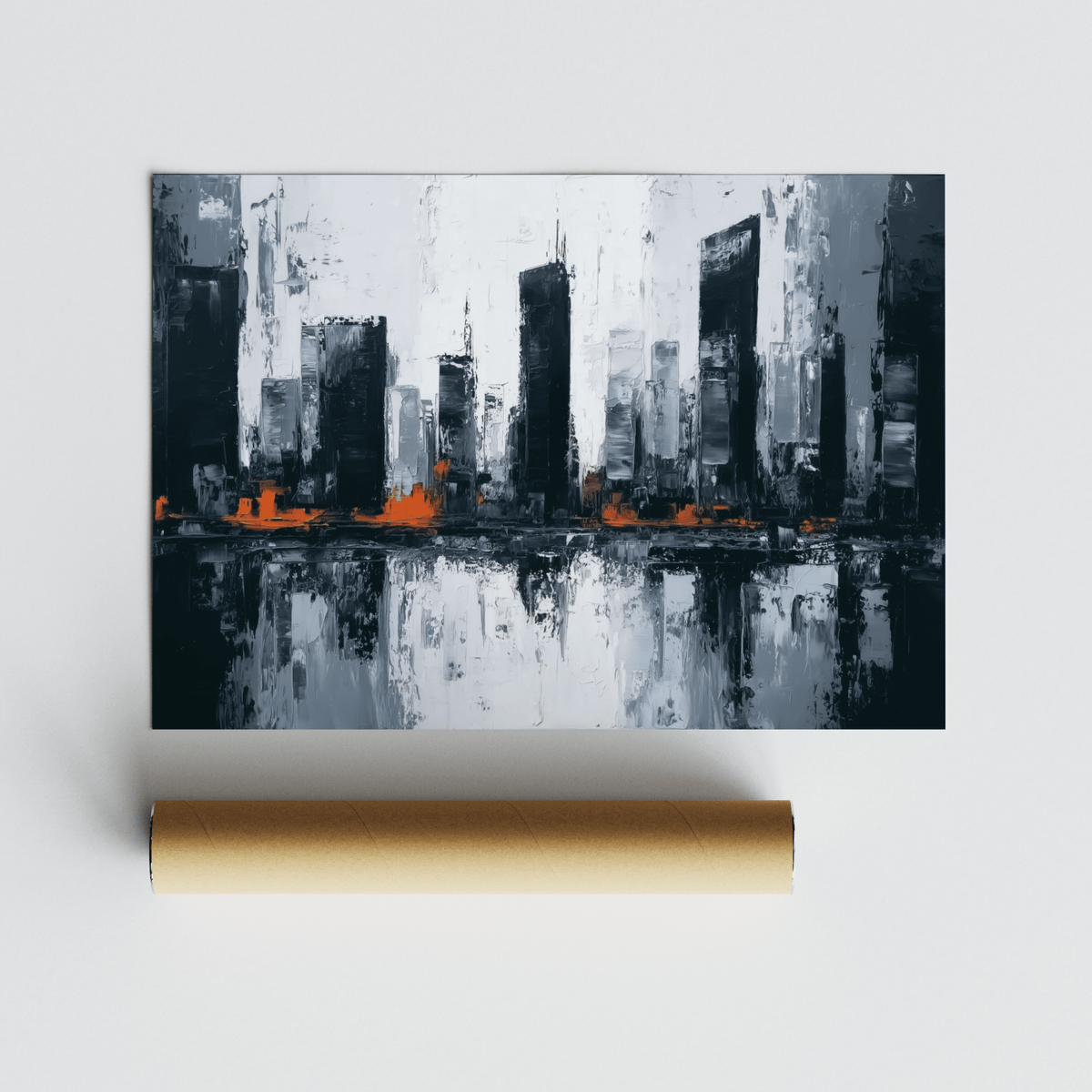 Abstract city wall art with black white and orange city skyline rolled with packaging tube