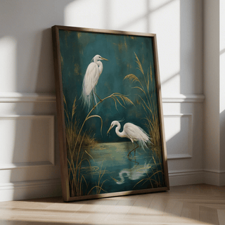 Egret wall art of two white egrets with gold and teal tones leaning against a wall in natural light