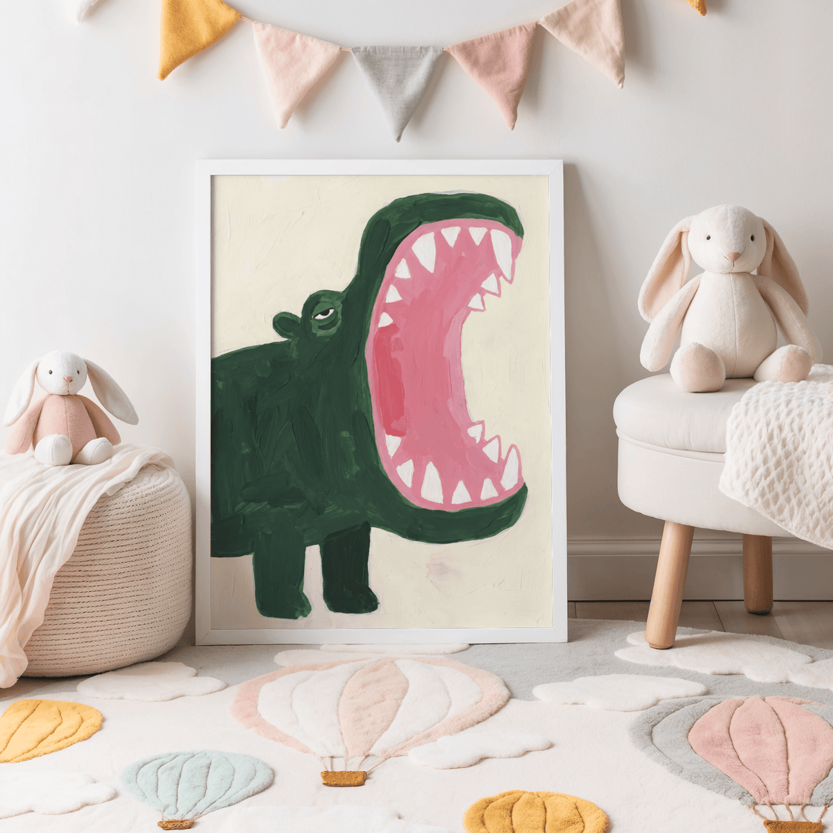 Print leaning on floor of illustrated roaring hippopotamus in dark green and pink with stuffed bunny