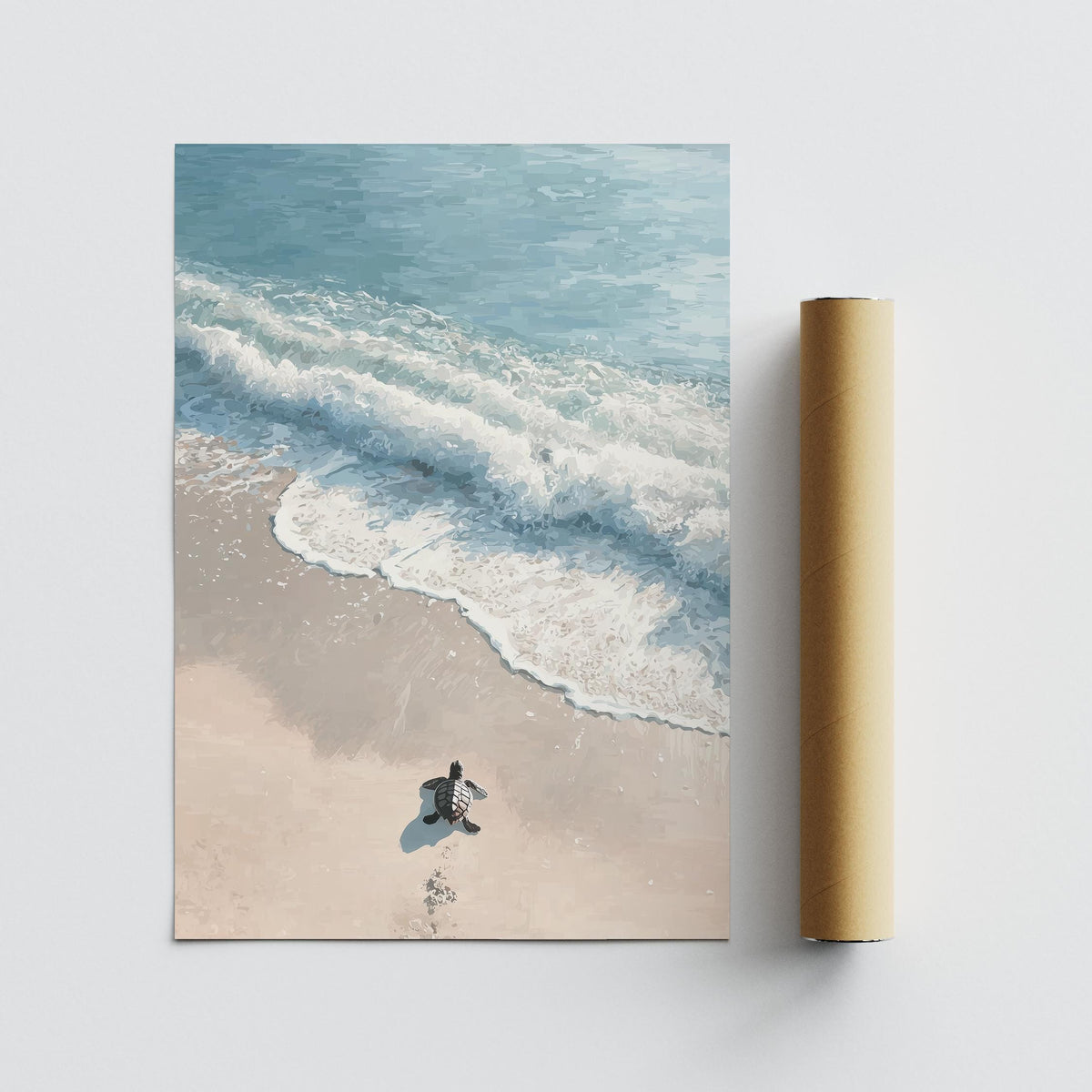 Rolled turtle print of a baby sea turtle on beige sand with blue sea waves