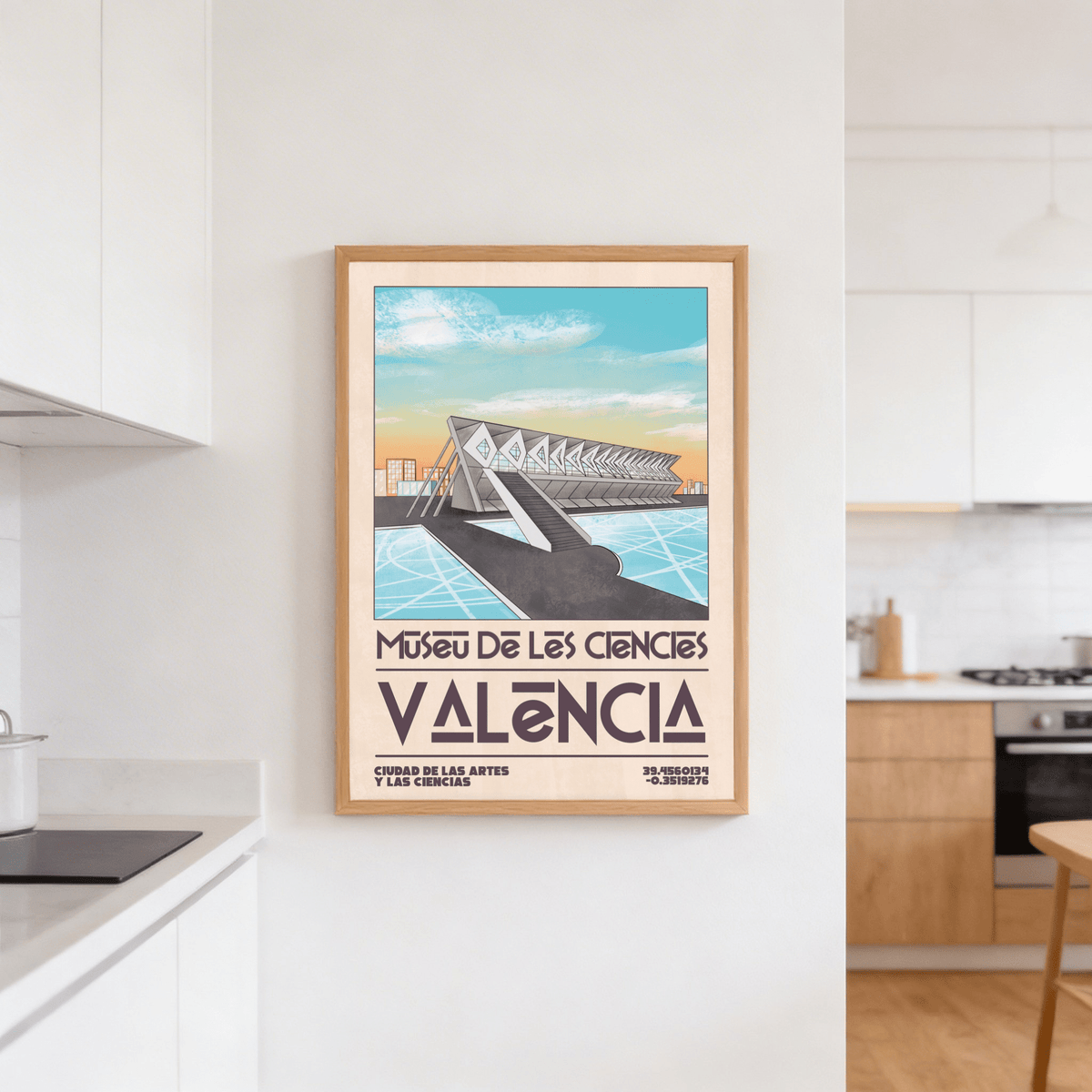 Framed Valencia Art Print of museu de les ciències building in retro shades of blue and orange in a kitchen