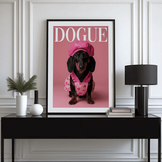 Fashion Dachshund wall art of a dog in pink outfit above a black sideboard with books and lamp