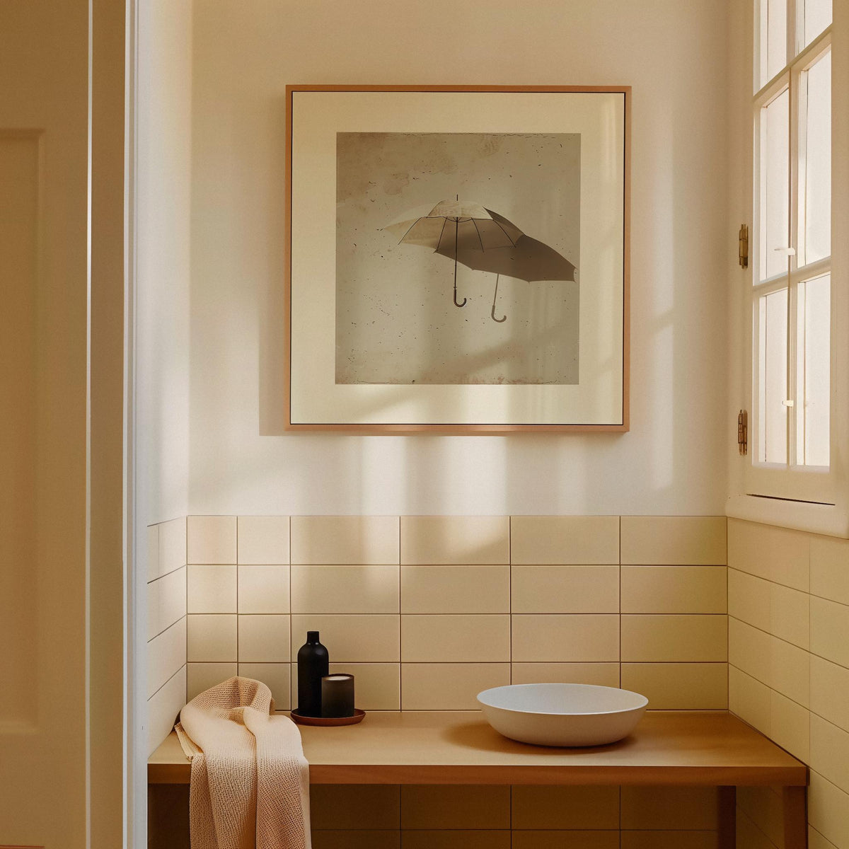 Surrealism Prints framed print of an open umbrella with shadow in neutral tones above a wooden table with bowl