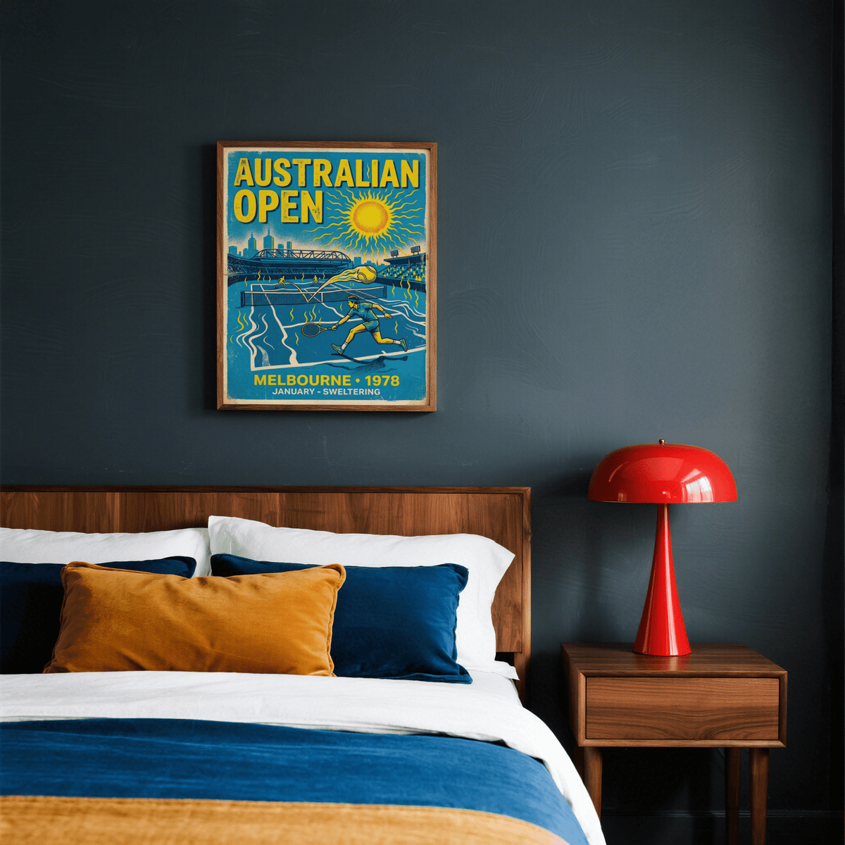 Melbourne Tennis wall art with retro tennis player serving in bright blue and yellow above a bed