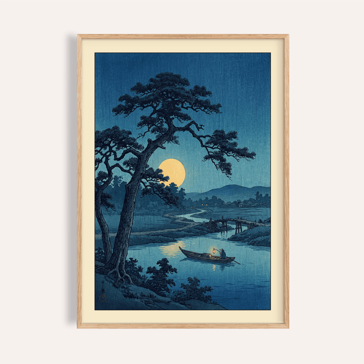 Framed print of moonlight print showing a moonlit river with a boat and large tree in blue tones