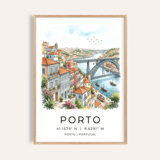 Framed Porto City Art Print of riverside buildings and a bridge in watercolour style
