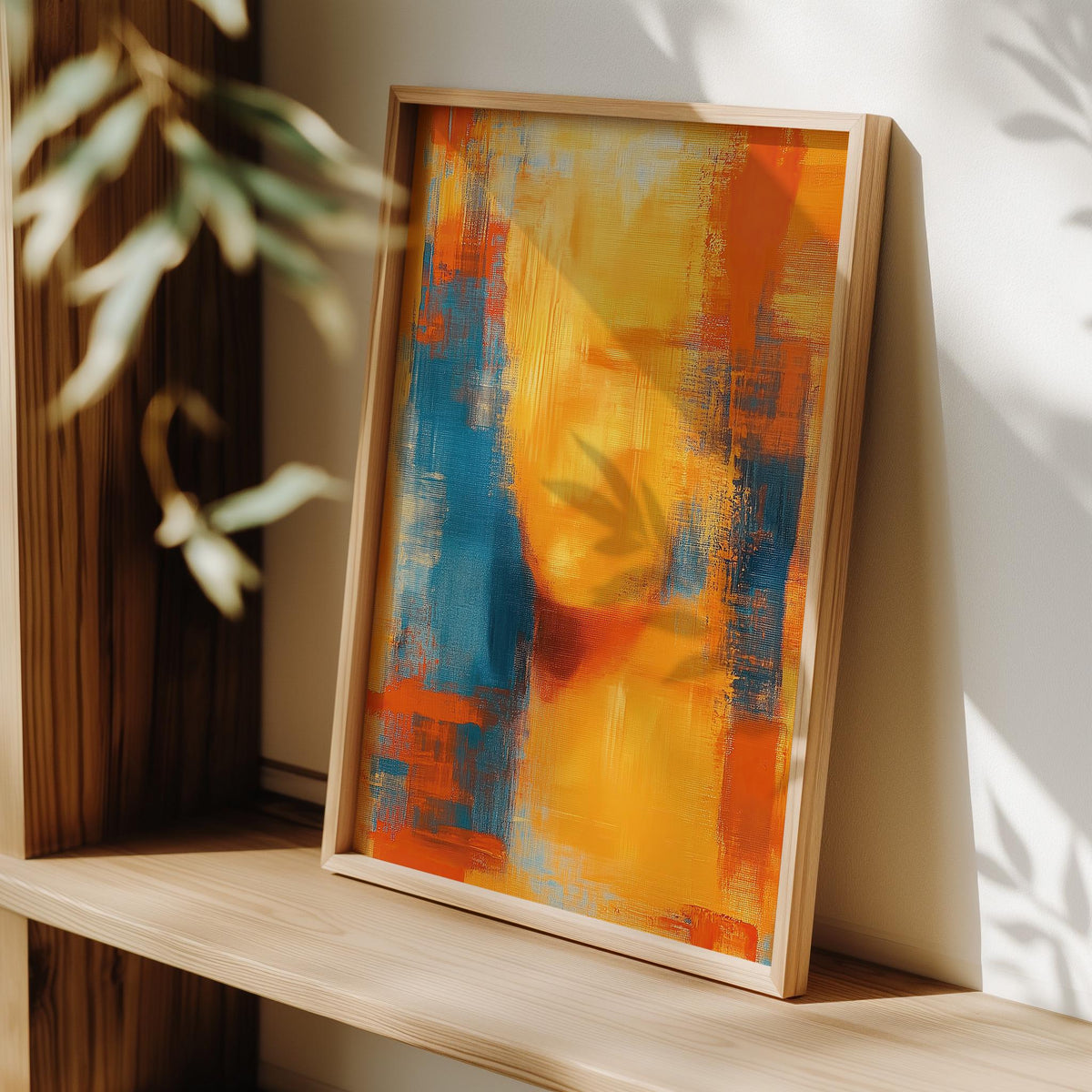 Print leaning on a wooden shelf with shadow of leaves over blue and orange abstract art of a human face silhouette
