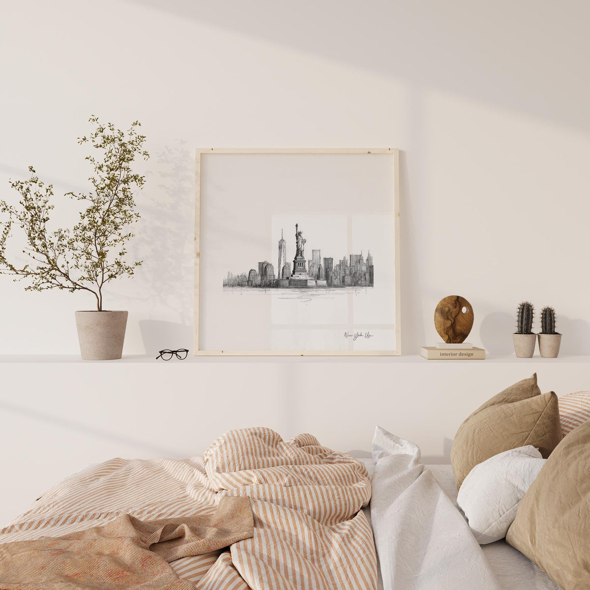Statue of Liberty print leaning on a shelf with plants and cushions nearby in a light room