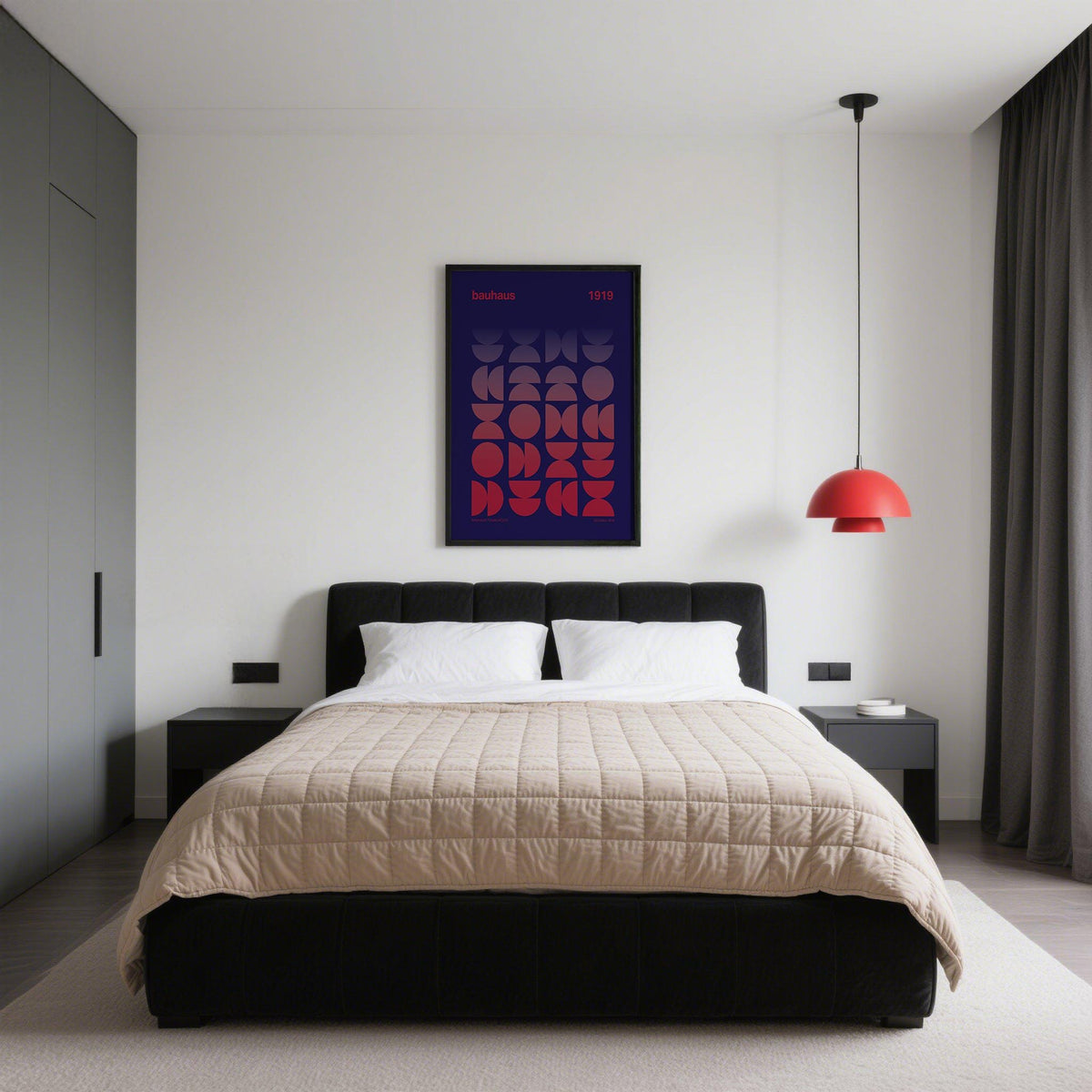 Graphic Design Poster with geometric gradient shapes in red and dark blue above a double bed with white pillows